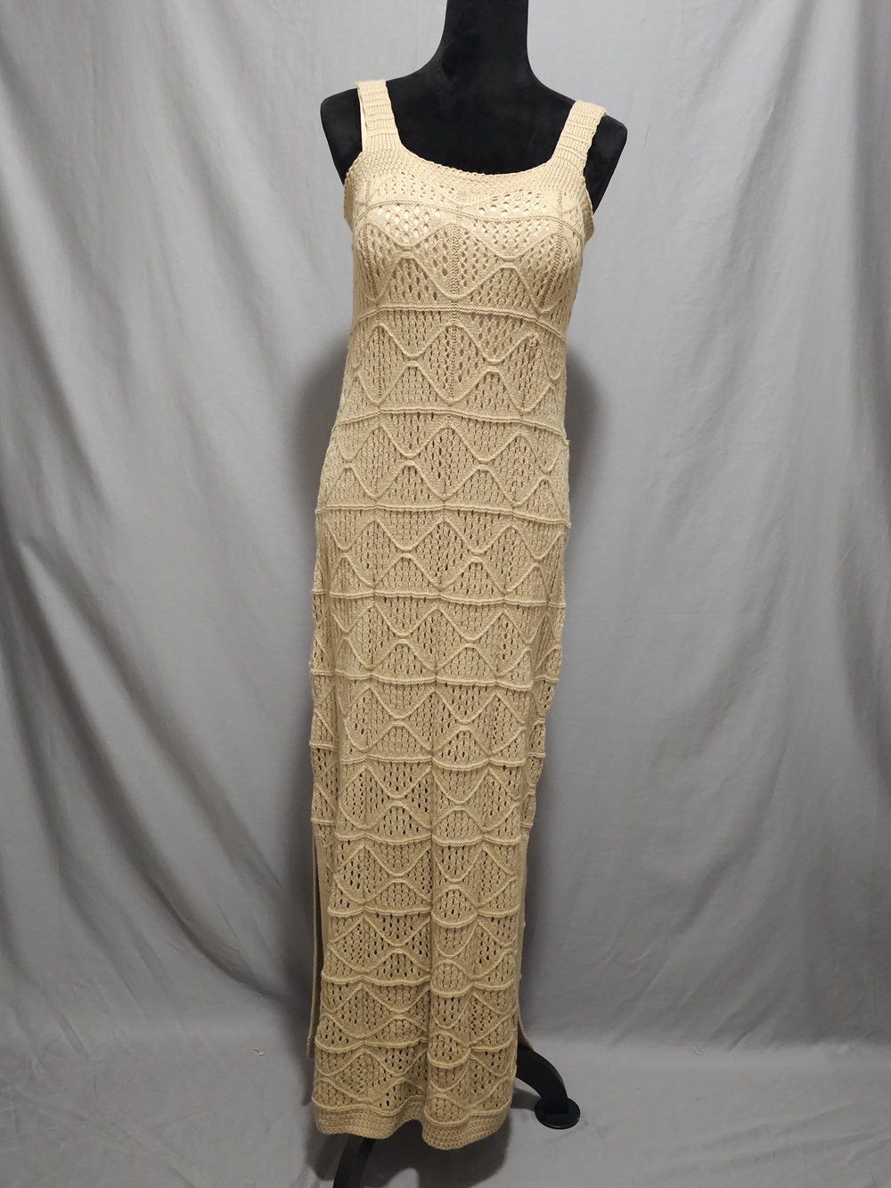 Beige Crochet Maxi Dress with Square Neckline and Wide Straps